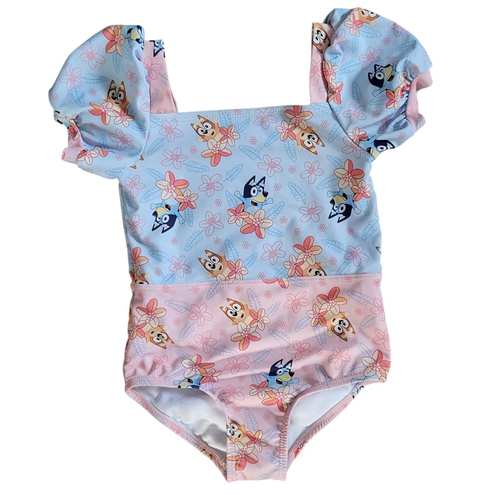 Bluey Bingo Girls 4T One Piece Swimsuit Puff Sleeve Floral Blue Pink Toddler